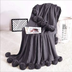 NEW Knit Blanket with Poms 51 x 63 All Cotton